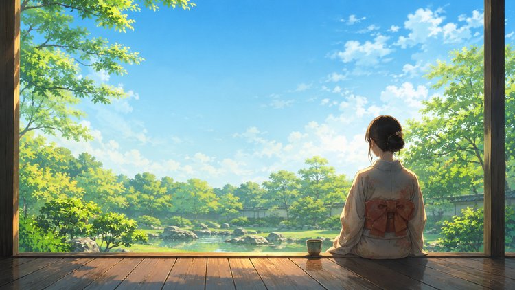 ChatGPTで生成したアニメ調イラスト。縁側に座る着物の後ろ姿と、朝の青空と庭