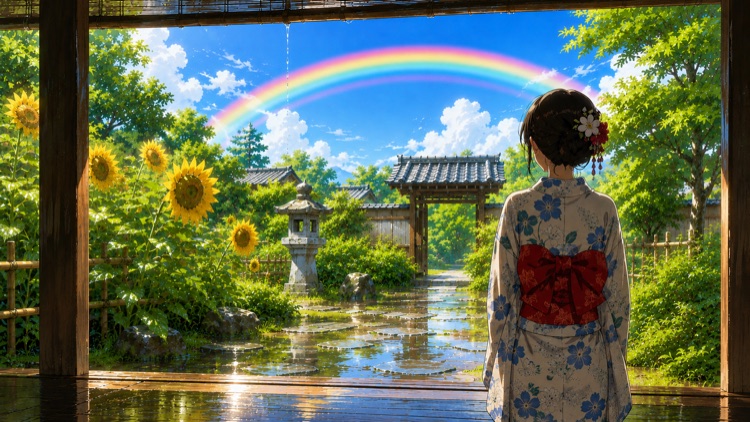 縁側から見た夏の庭。雨上がりの青空に大きな虹が架かり、浴衣姿の後ろ姿が立っている